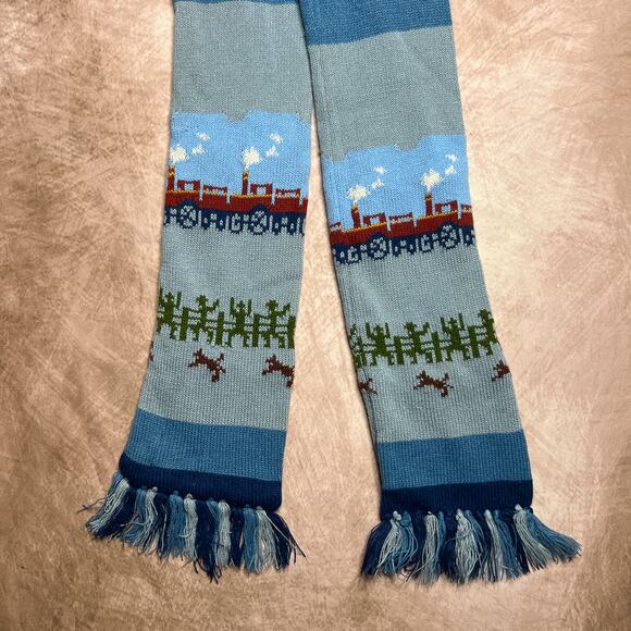 Vintage 80s Made Expressly for Collage Railroad Cowboy Scarf Knit Blue Wild West - Picture 2 of 6